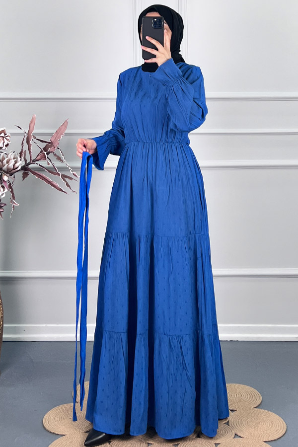 Katkat Kuşaklı Ponpon Elbise - Mavi