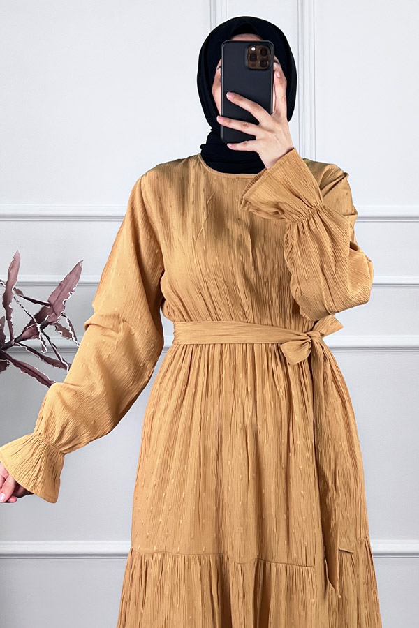 Katkat Kuşaklı Ponpon Elbise - Taş