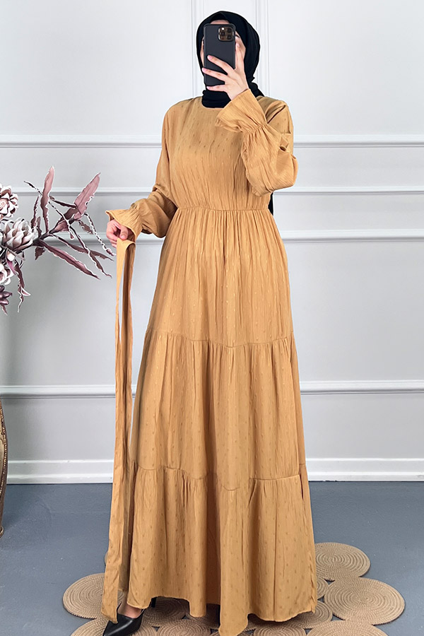 Katkat Kuşaklı Ponpon Elbise - Taş