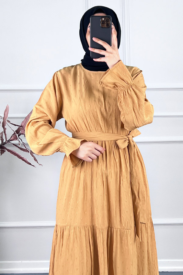 Katkat Kuşaklı Ponpon Elbise - Taş