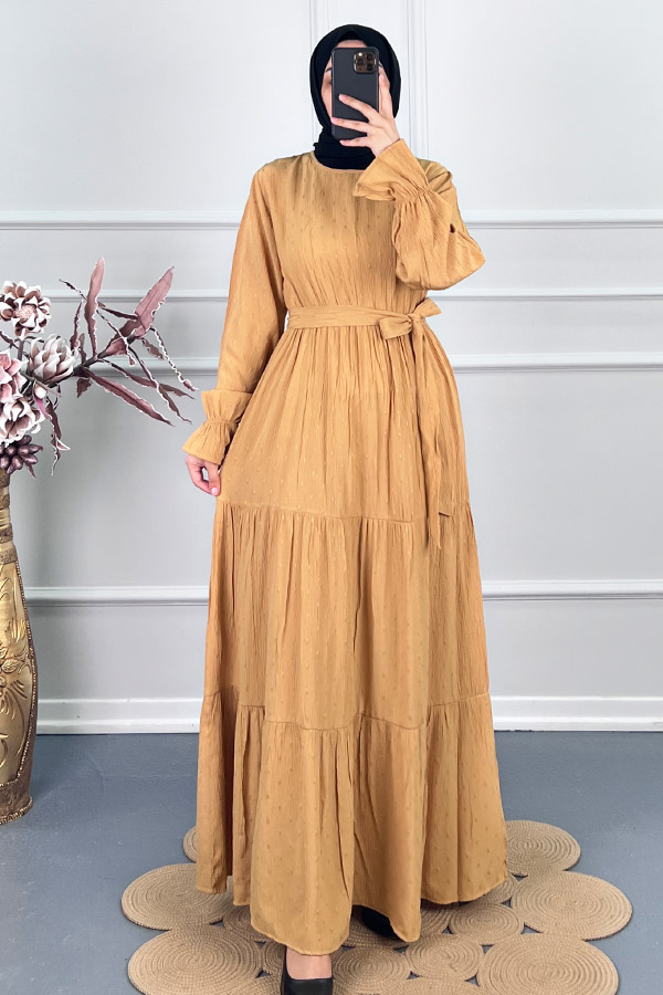 Katkat Kuşaklı Ponpon Elbise - Taş