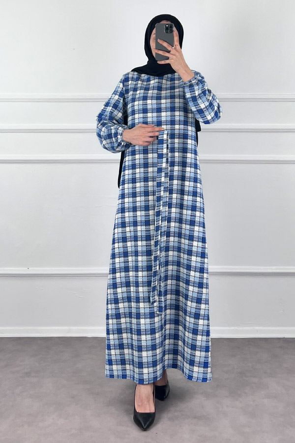 Kemerli Tüvit Elbise - Mavi Kemerli Tüvit Elbise - Mavi