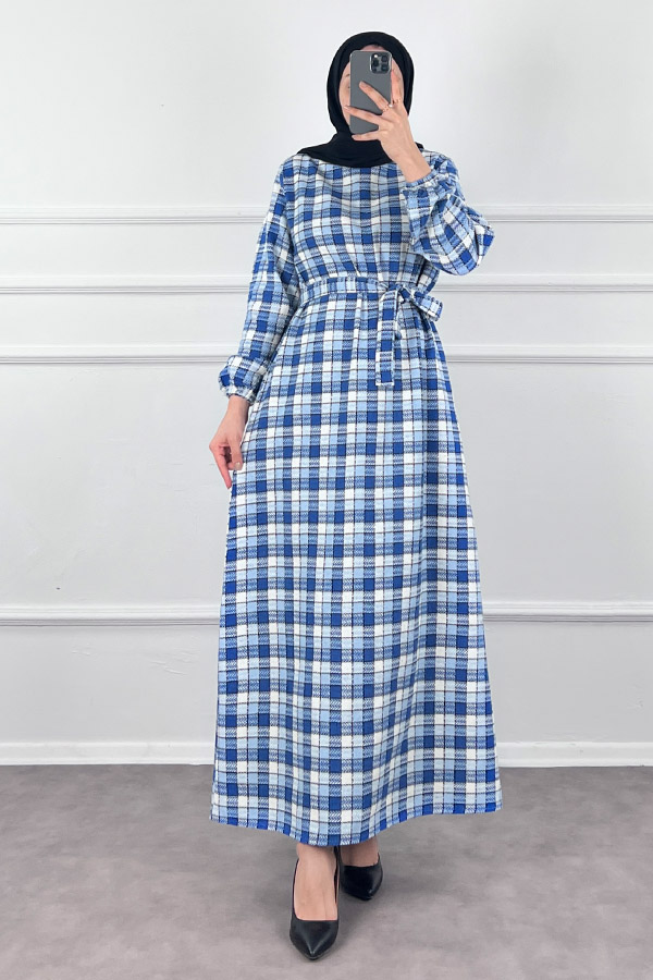 Kemerli Tüvit Elbise - Mavi Kemerli Tüvit Elbise - Mavi