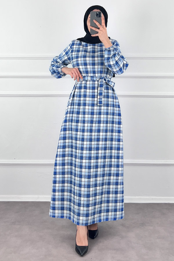 Kemerli Tüvit Elbise - Mavi Kemerli Tüvit Elbise - Mavi