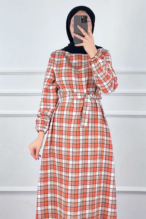 Kemerli Tüvit Elbise - Turuncu