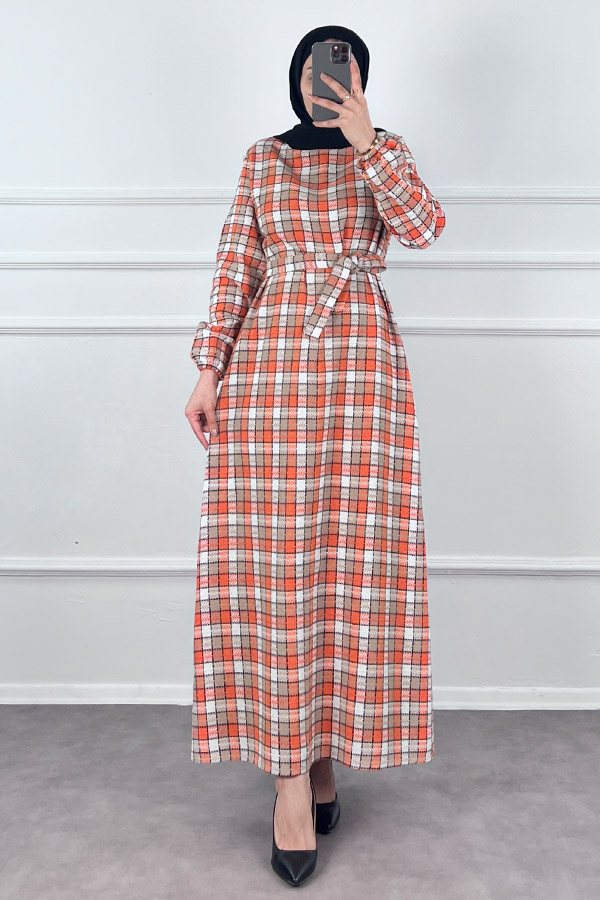 Kemerli Tüvit Elbise - Turuncu