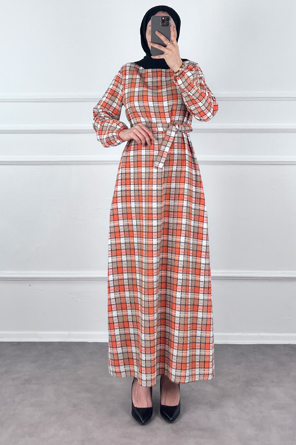 Kemerli Tüvit Elbise - Turuncu