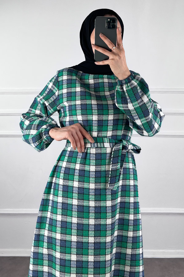 Kemerli Tüvit Elbise - Yeşil