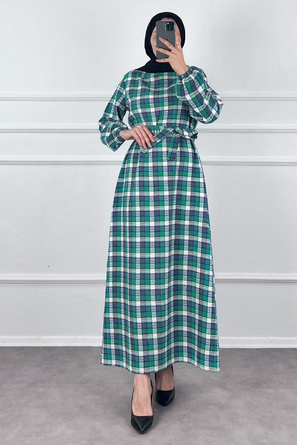 Kemerli Tüvit Elbise - Yeşil