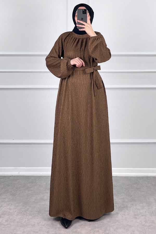 Kışlık Tesettür Elbise - Kahverengi