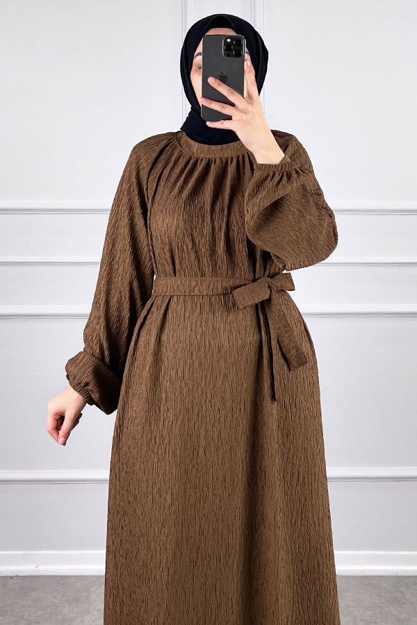 Kışlık Tesettür Elbise - Kahverengi