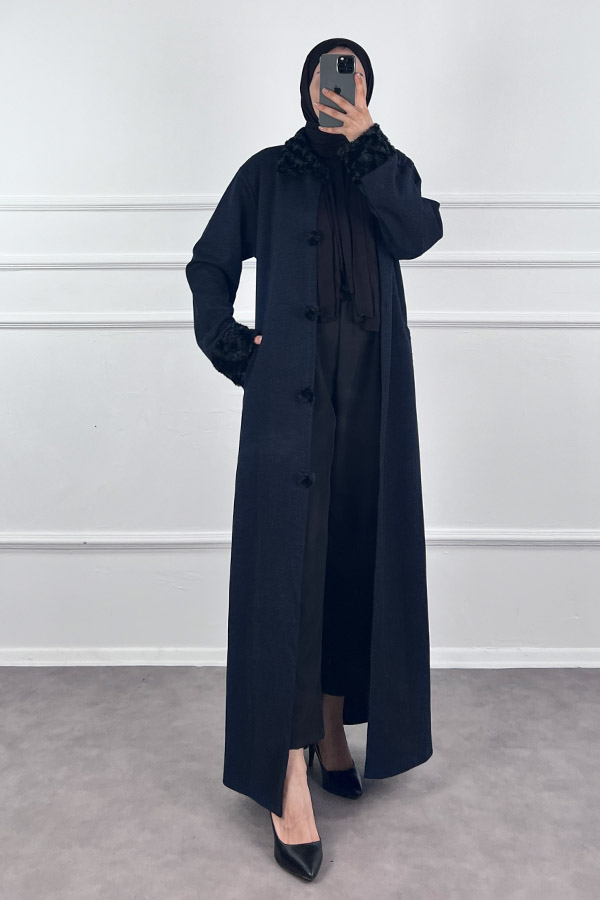 Kürk Detaylı Ferace - Lacivert