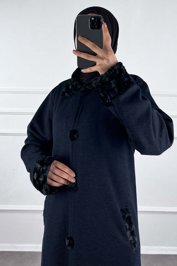 Kürk Detaylı Ferace - Lacivert
