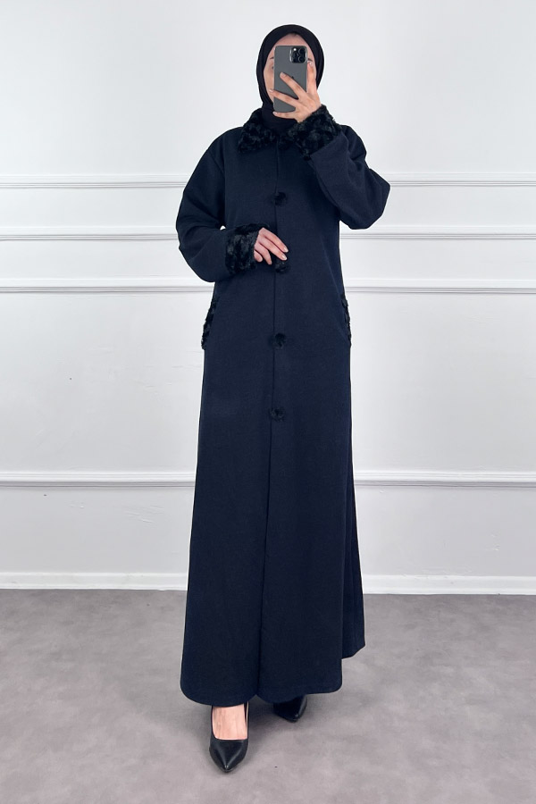 Kürk Detaylı Ferace - Lacivert