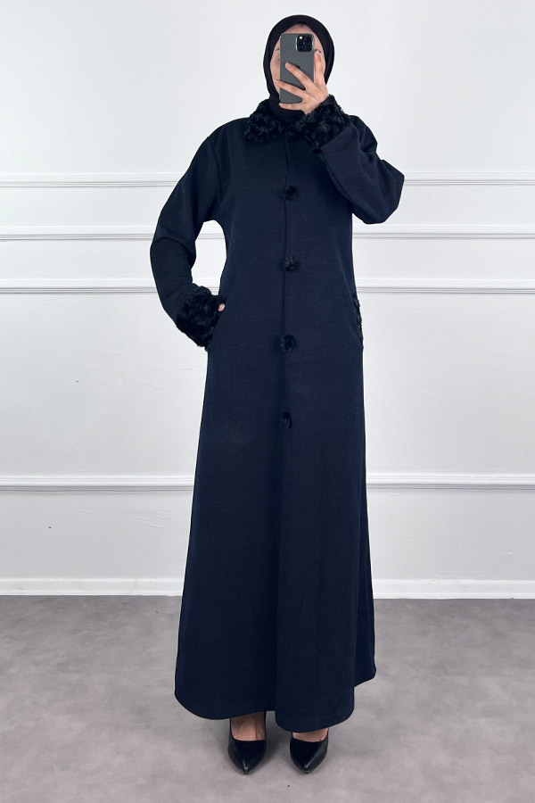 Kürk Detaylı Ferace - Lacivert