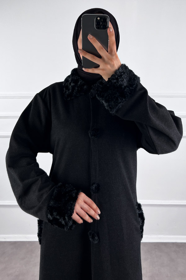 Kürk Detaylı Ferace - Siyah