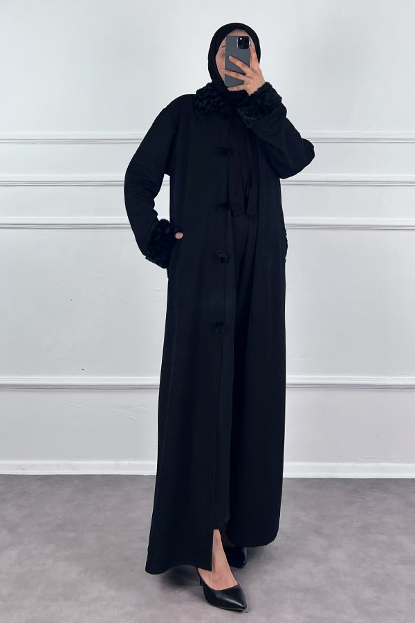 Kürk Detaylı Ferace - Siyah