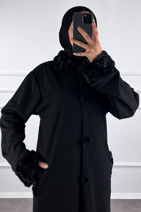 Kürk Detaylı Ferace - Siyah