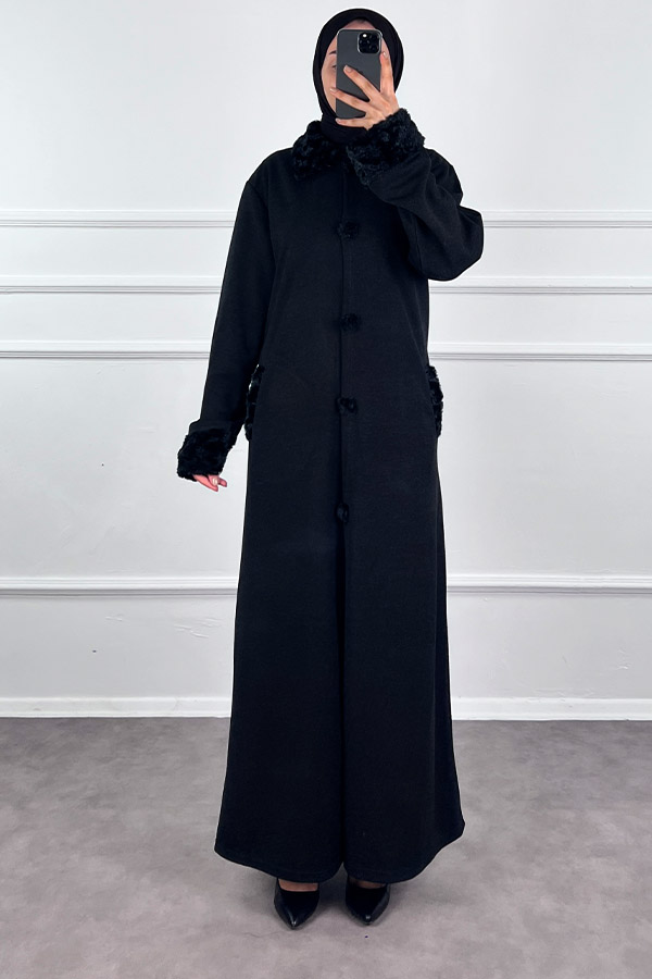 Kürk Detaylı Ferace - Siyah