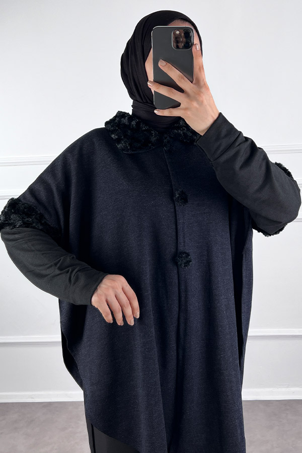 Kürk Detaylı Panço - Lacivert