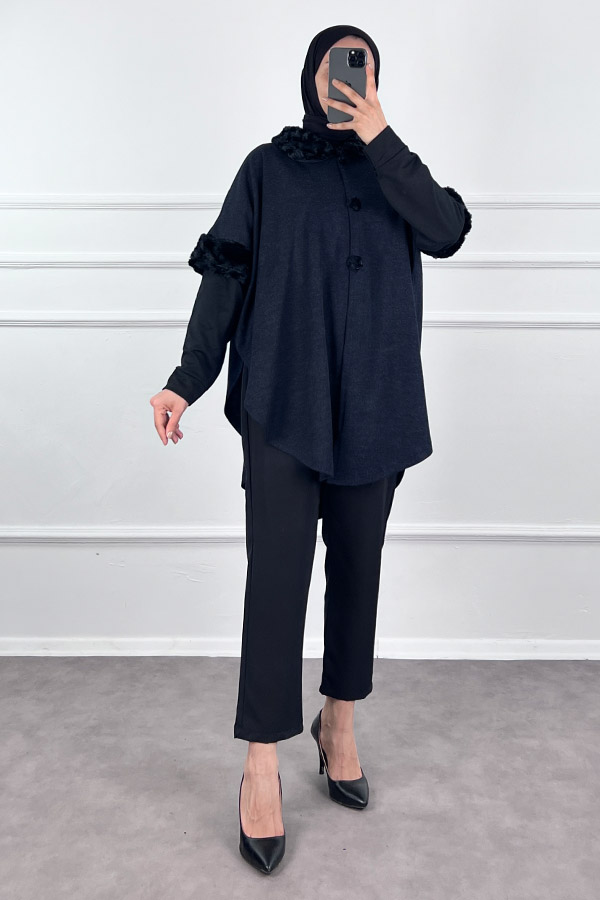 Kürk Detaylı Panço - Lacivert
