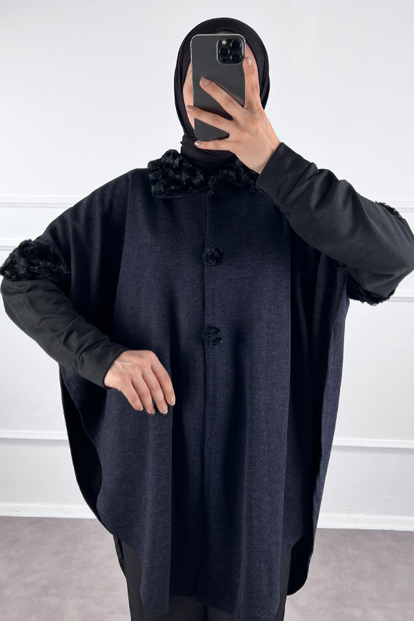 Kürk Detaylı Panço - Lacivert