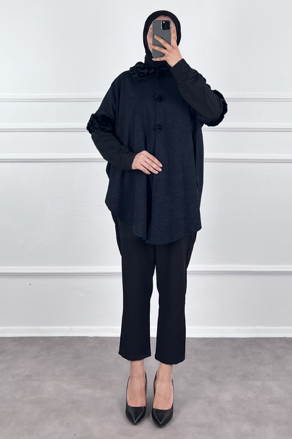 Kürk Detaylı Panço - Lacivert