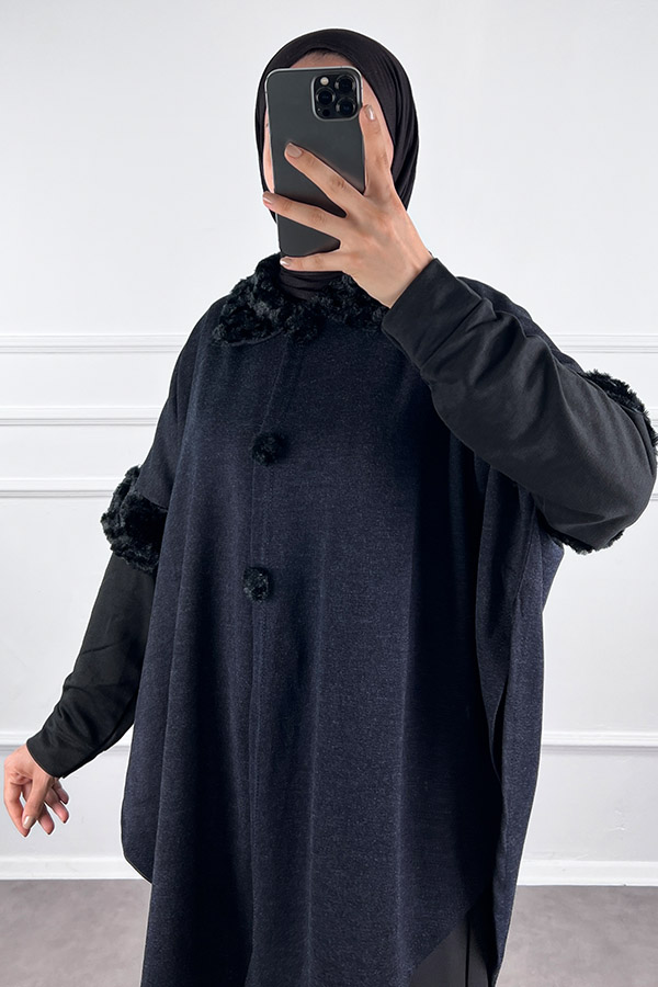 Kürk Detaylı Panço - Lacivert