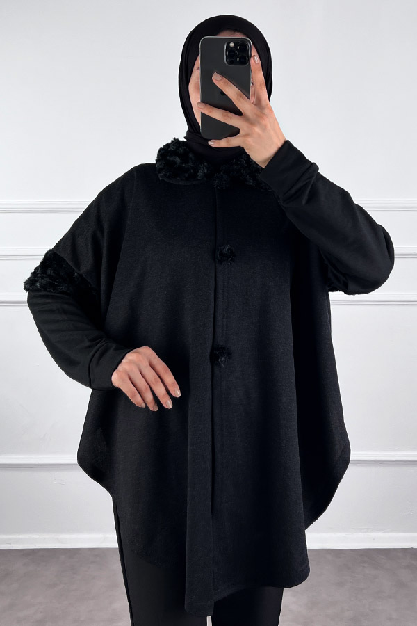 Kürk Detaylı Panço - Siyah