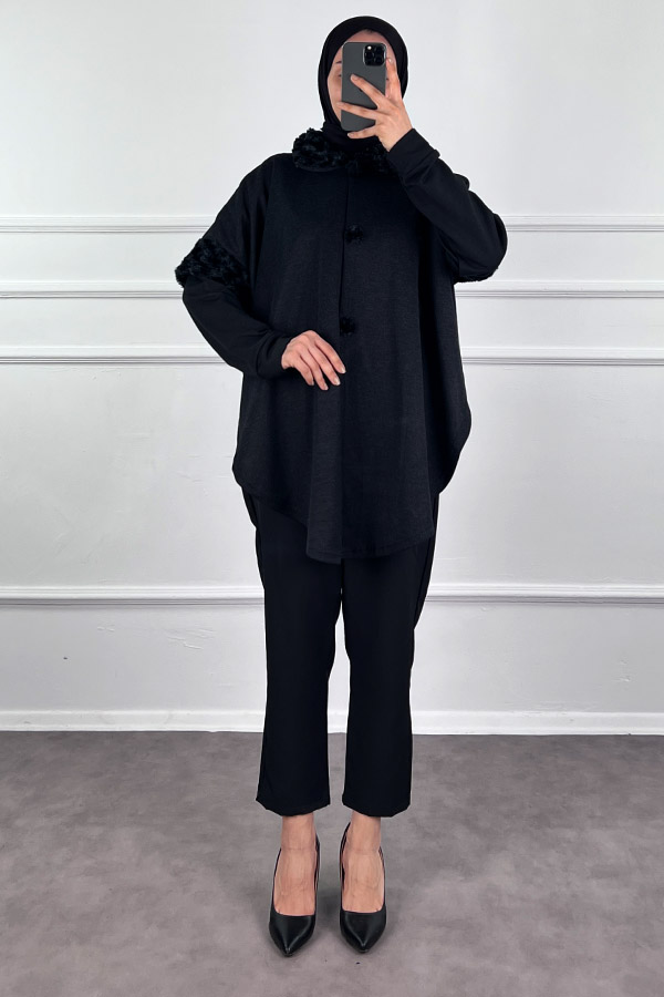 Kürk Detaylı Panço - Siyah