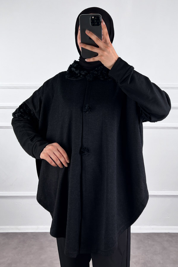 Kürk Detaylı Panço - Siyah