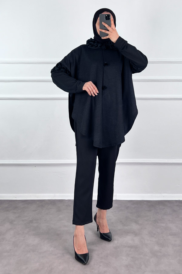 Kürk Detaylı Panço - Siyah