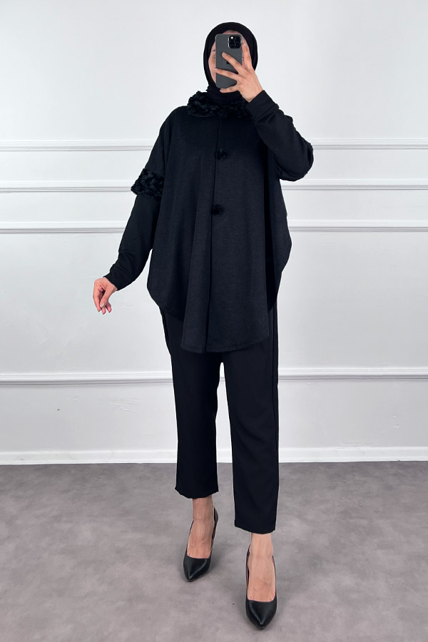 Kürk Detaylı Panço - Siyah