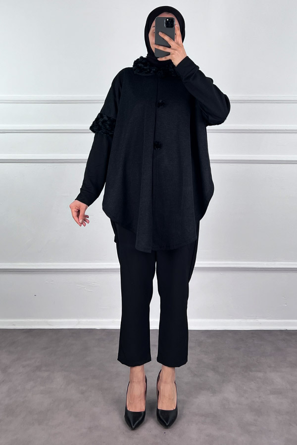 Kürk Detaylı Panço - Siyah