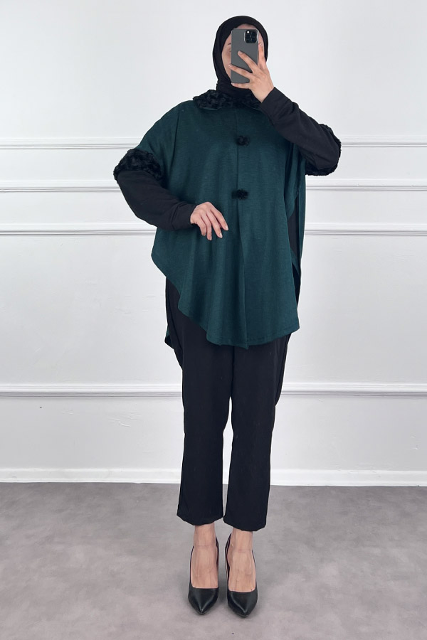 Kürk Detaylı Panço - Yeşil