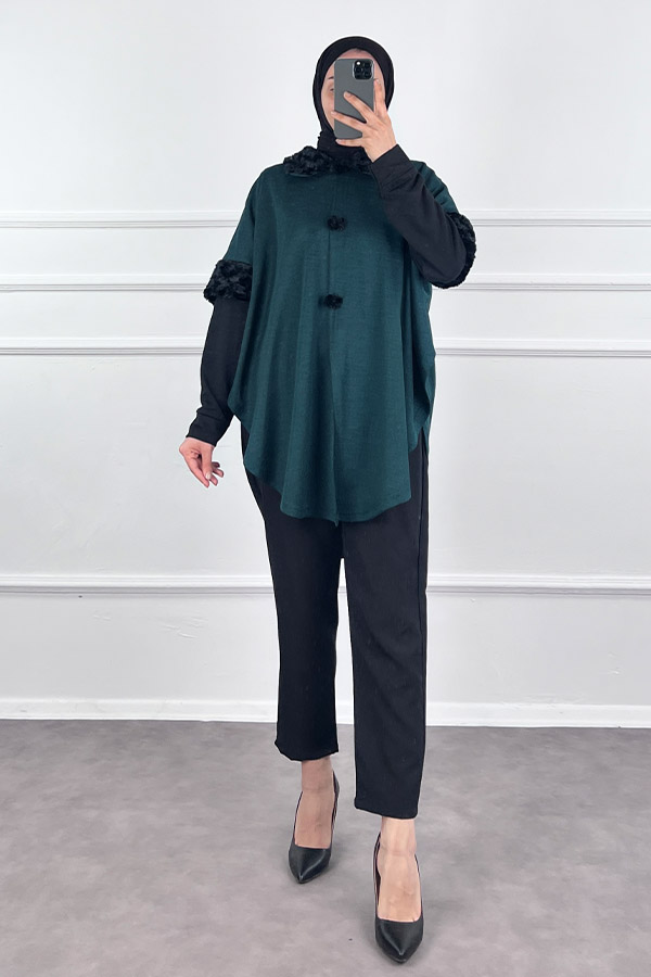 Kürk Detaylı Panço - Yeşil