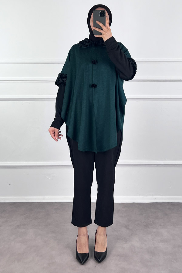 Kürk Detaylı Panço - Yeşil