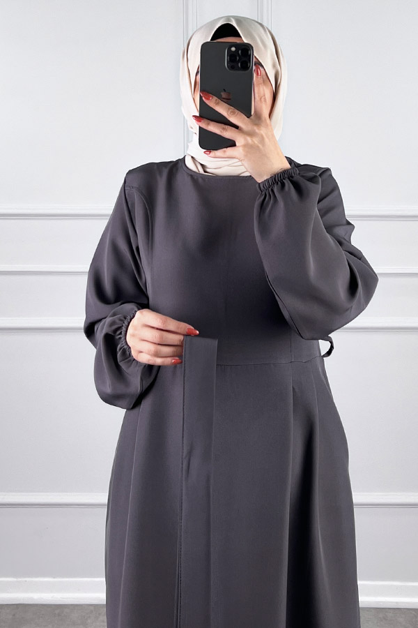 Kuşaklı Double Kumaş Elbise - Gri