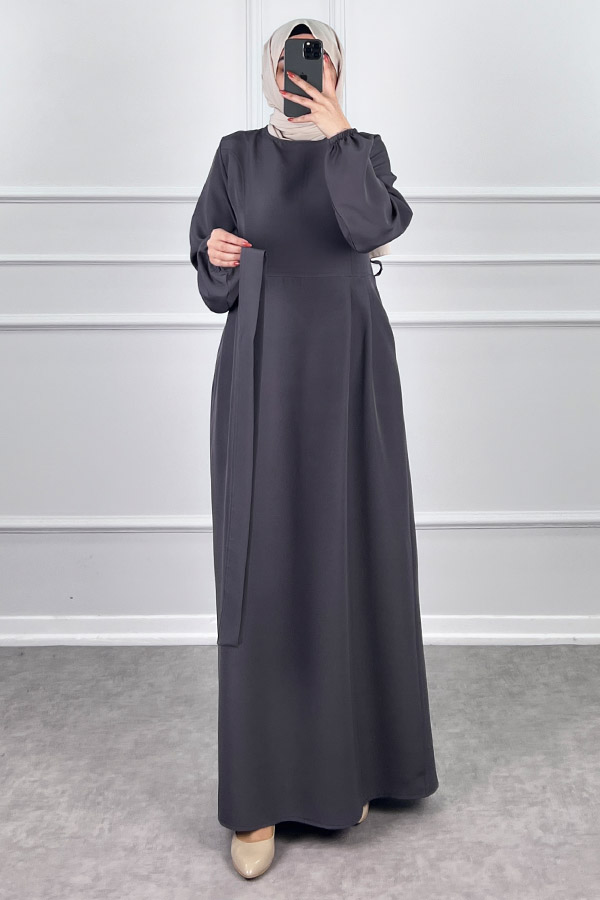 Kuşaklı Double Kumaş Elbise - Gri