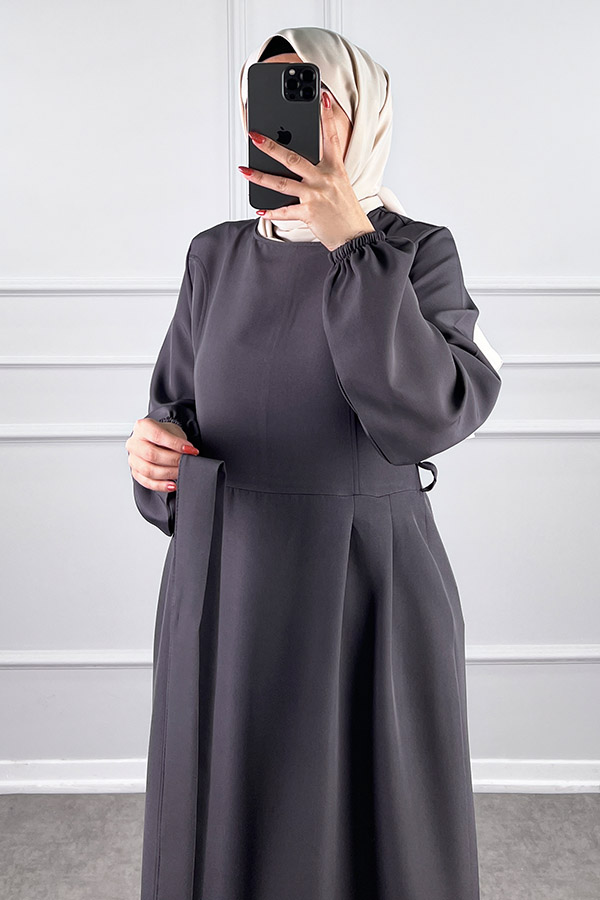 Kuşaklı Double Kumaş Elbise - Gri