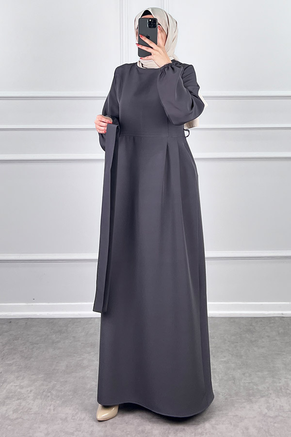 Kuşaklı Double Kumaş Elbise - Gri