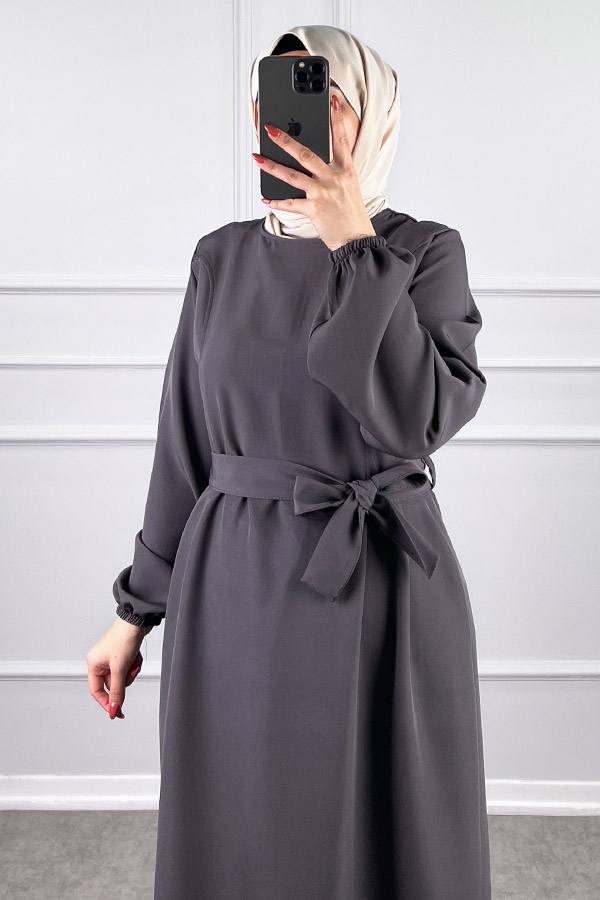 Kuşaklı Double Kumaş Elbise - Gri