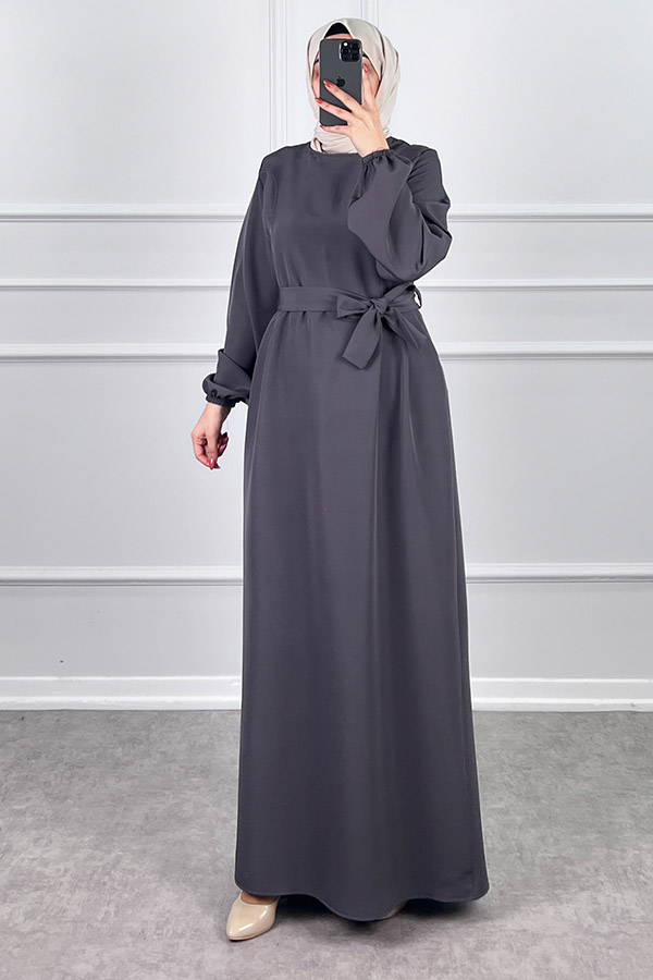 Kuşaklı Double Kumaş Elbise - Gri
