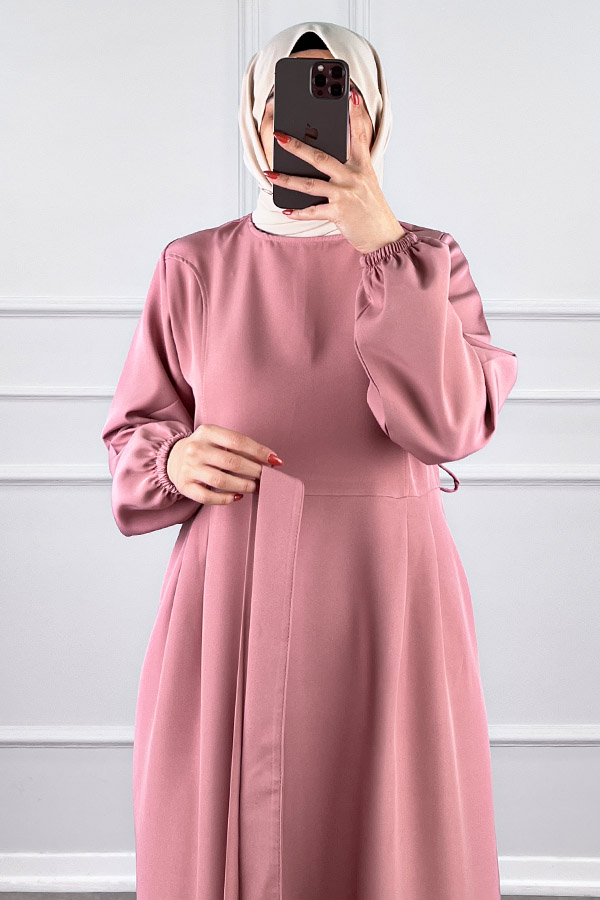 Kuşaklı Double Kumaş Elbise - Pudra