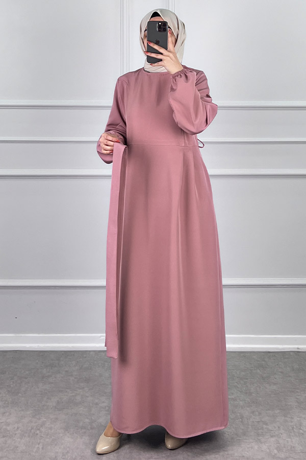 Kuşaklı Double Kumaş Elbise - Pudra