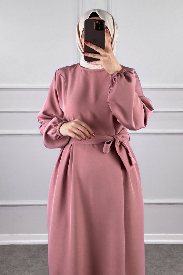 Kuşaklı Double Kumaş Elbise - Pudra