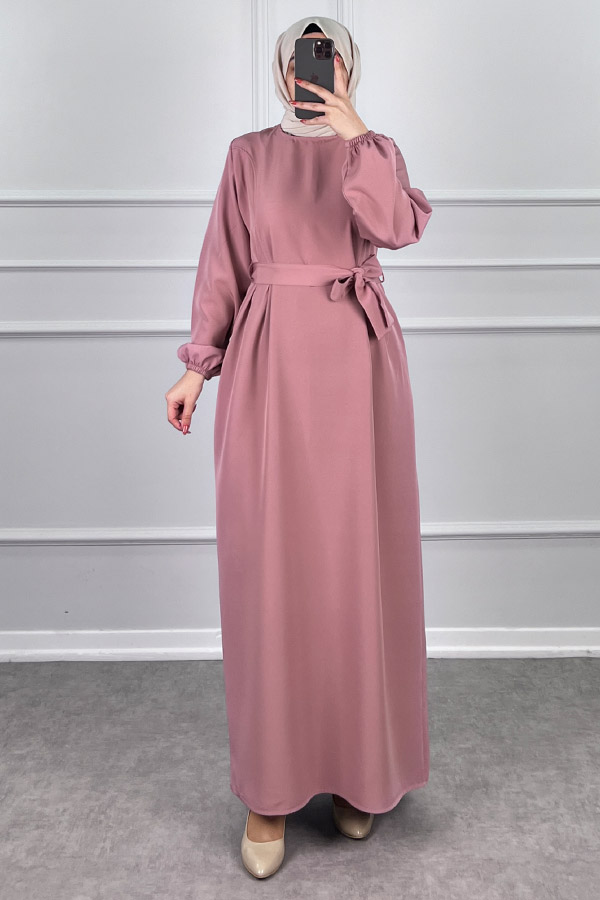 Kuşaklı Double Kumaş Elbise - Pudra