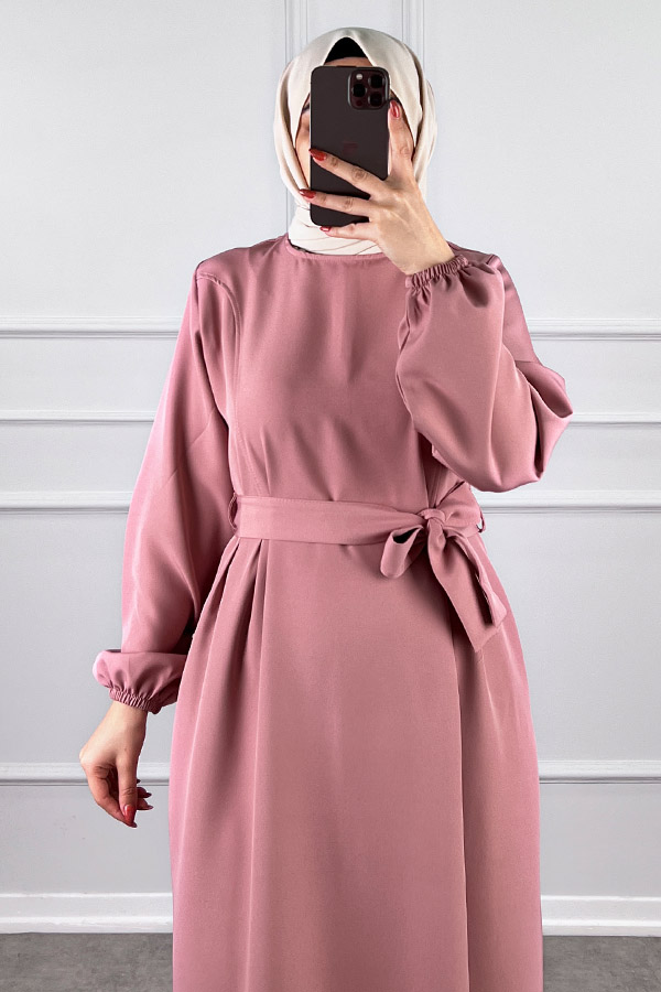 Kuşaklı Double Kumaş Elbise - Pudra