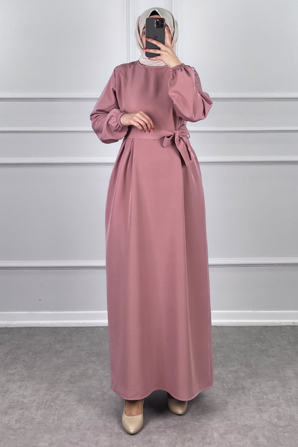 Kuşaklı Double Kumaş Elbise - Pudra