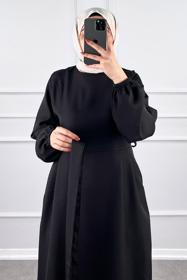 Kuşaklı Double Kumaş Elbise - Siyah